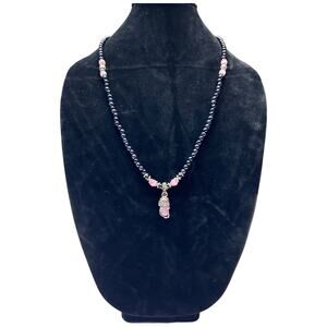Vintage Style Pink Quartz & Blue Bead Necklace with Lucky Cat Pendant Charm